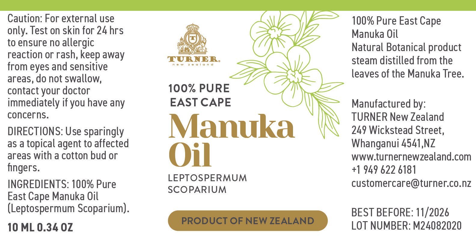 100% Pure Manuka Oil, TURNER New Zealand, 