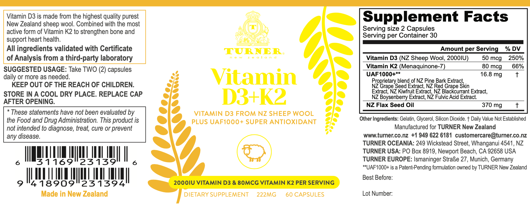 Vitamin D3+K2, TURNER New Zealand, 